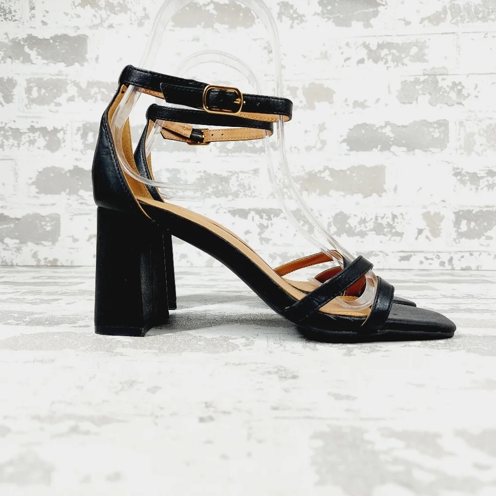 NEW Nordstrom Ellie Double Strap Heeled Sandals In Black I178